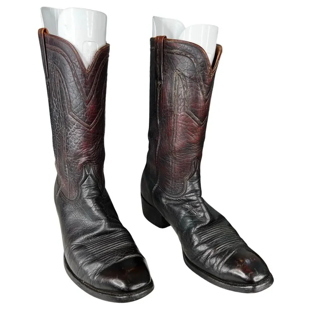 Vintage Lucchese Men’s Black Cherry Leather Cowboy Boots Size US 11.5 D